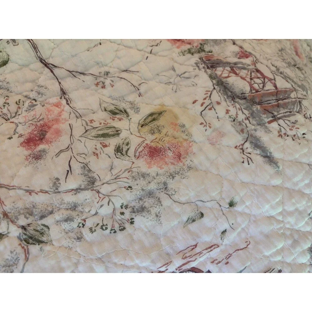 Vtg Pink White Floral Quilted Bedspread Coverlet Cottagecore 75x77” READ Distres